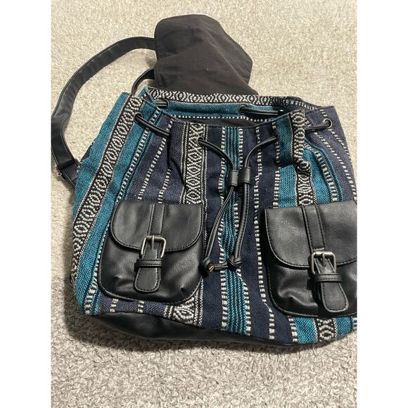 Forever 21 Women's Size OS Faux Leather Knit Aztec Style Backpack Blue Boho - Picture 2 of 9